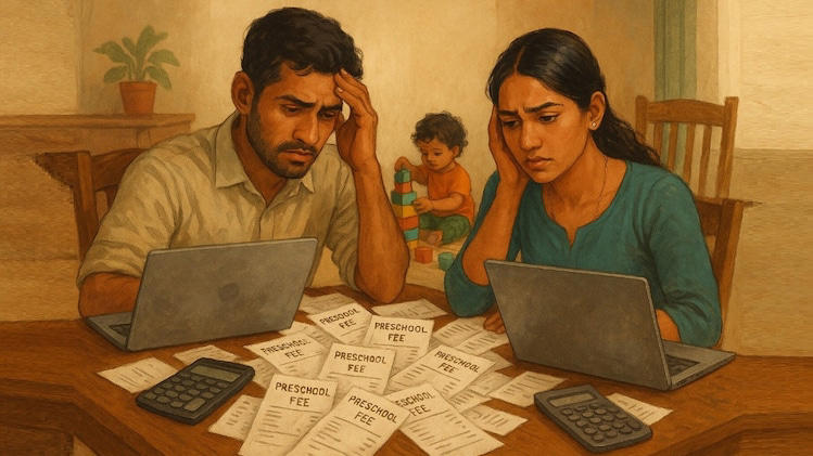 A young couple stressed while calculating bills at a table